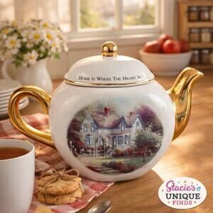 Thomas Kinkade Home Is Where The Heart Is II Teapot Teleflora Gold Trim